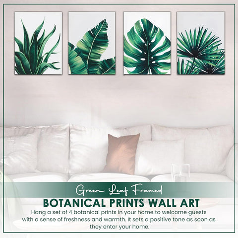 Botanical Prints Wall Art for Bathrooms Canvas Green Leaf Framed Green Plant Wall Art Pictures (12" X 16") Posters Fall Pictures Boho Sage Green Leaf for Bathrooms, 4 Pieces Tropical Plants Pictures