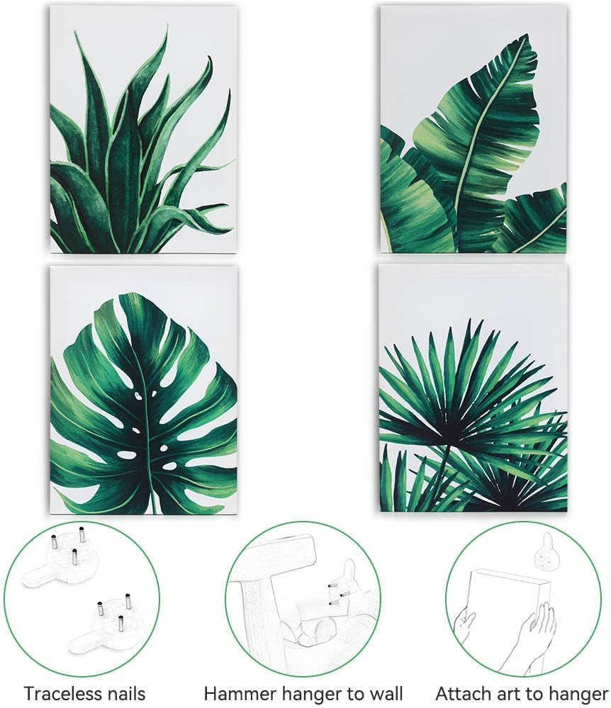 Botanical Prints Wall Art for Bathrooms Canvas Green Leaf Framed Green Plant Wall Art Pictures (12" X 16") Posters Fall Pictures Boho Sage Green Leaf for Bathrooms, 4 Pieces Tropical Plants Pictures