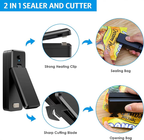 Mini Bag Sealer, 2 in 1USB Rechargeable Heat Sealer and Cutter,Food Sealer Portable Chip Bag Resealer Machine for Plastic Bags Food Snack Storage, Black