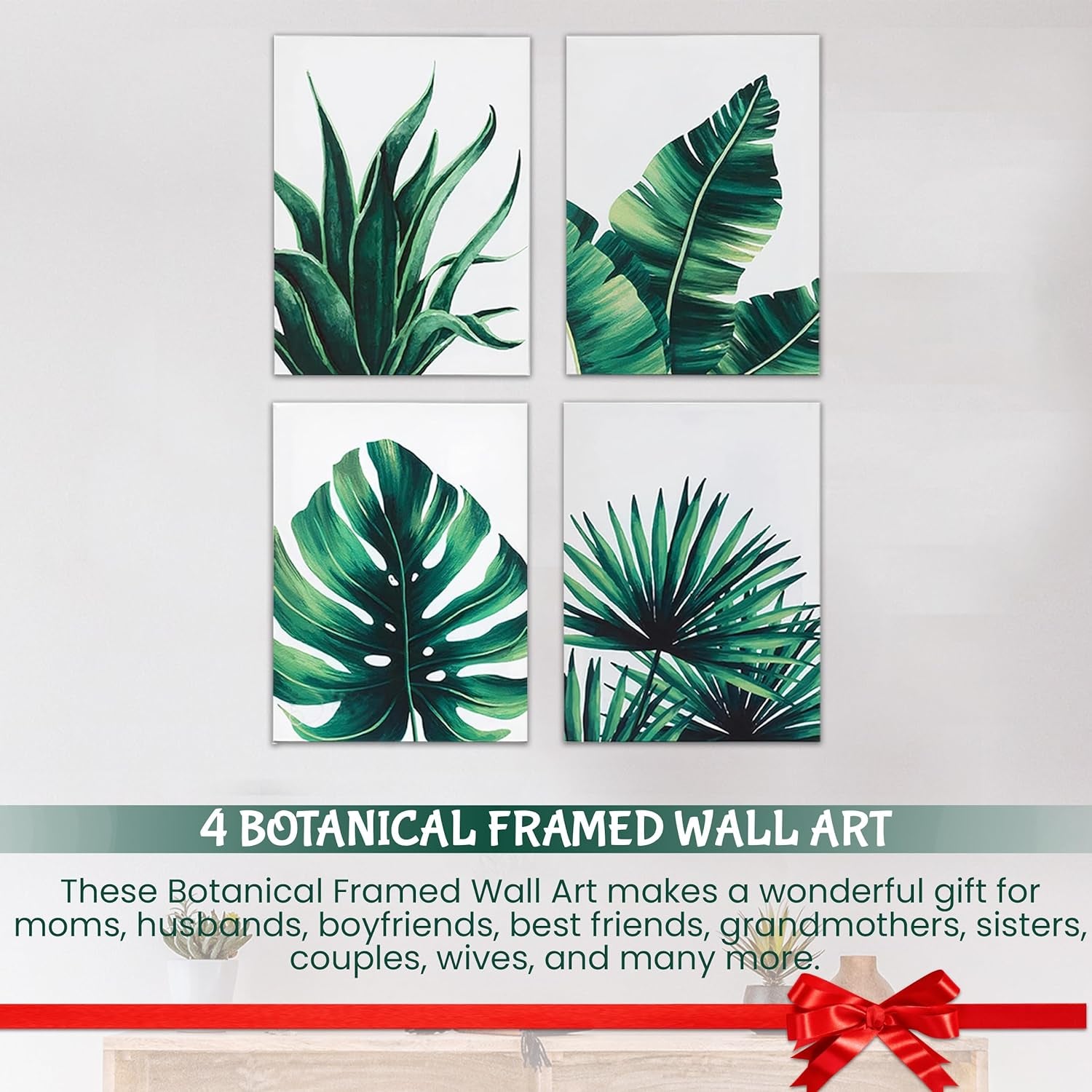 Botanical Prints Wall Art for Bathrooms Canvas Green Leaf Framed Green Plant Wall Art Pictures (12" X 16") Posters Fall Pictures Boho Sage Green Leaf for Bathrooms, 4 Pieces Tropical Plants Pictures