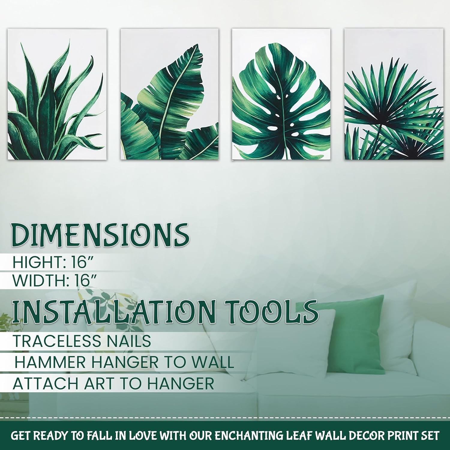 Botanical Prints Wall Art for Bathrooms Canvas Green Leaf Framed Green Plant Wall Art Pictures (12" X 16") Posters Fall Pictures Boho Sage Green Leaf for Bathrooms, 4 Pieces Tropical Plants Pictures